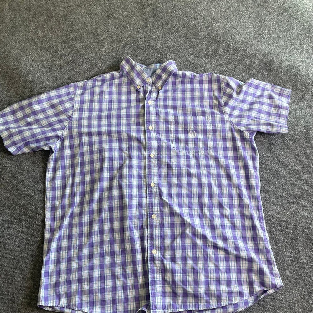 Chaps Mens XL Purple White Plaid Short Sleeve Easy Care Button Down Shirt Logo